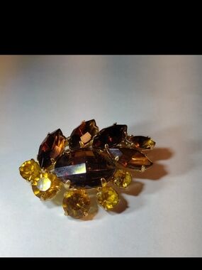 Vintage Amber Topaz Rhinestone Brooch MCM Brown Statement Leaf Cluster Pin 60s